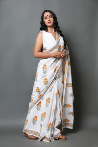 White & Mustard Hand Block Butta Print Mul Cotton Saree with Blouse Piece