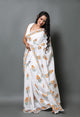 White & Mustard Hand Block Butta Print Mul Cotton Saree with Blouse Piece