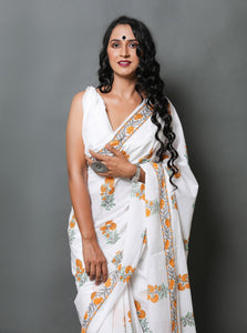 White & Mustard Hand Block Butta Print Mul Cotton Saree with Blouse Piece