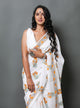 White & Mustard Hand Block Butta Print Mul Cotton Saree with Blouse Piece