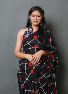 Black Print Mul Cotton Saree with Blouse Piece