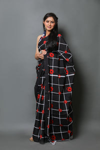 Black Print Mul Cotton Saree with Blouse Piece