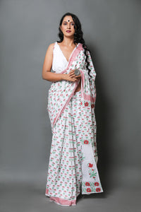 White & Red Hand Block Butti Print Mul Cotton Saree with Blouse Piece
