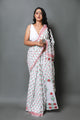 White & Red Hand Block Butti Print Mul Cotton Saree with Blouse Piece