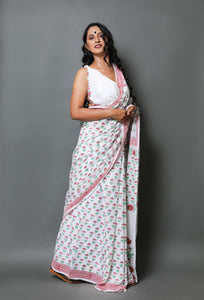 White & Red Hand Block Butti Print Mul Cotton Saree with Blouse Piece