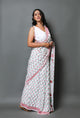 White & Red Hand Block Butti Print Mul Cotton Saree with Blouse Piece