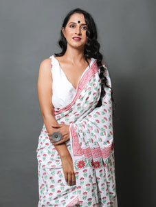 White & Red Hand Block Butti Print Mul Cotton Saree with Blouse Piece