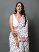White & Red Hand Block Butti Print Mul Cotton Saree with Blouse Piece