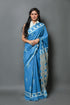 Turquoise Leaf Block Print Mul Cotton Saree with Blouse Piece