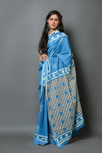 Turquoise Leaf Block Print Mul Cotton Saree with Blouse Piece