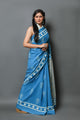 Turquoise Leaf Block Print Mul Cotton Saree with Blouse Piece