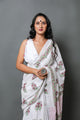 White & Pink Hand Block Butta Print Mul Cotton Saree with Blouse Piece