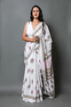 White & Pink Hand Block Butta Print Mul Cotton Saree with Blouse Piece