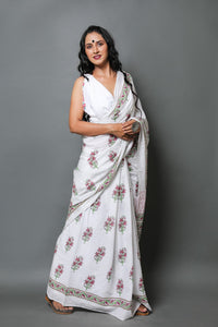 White & Pink Hand Block Butta Print Mul Cotton Saree with Blouse Piece