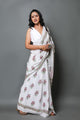 White & Pink Hand Block Butta Print Mul Cotton Saree with Blouse Piece