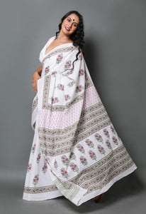 White & Pink Hand Block Butta Print Mul Cotton Saree with Blouse Piece