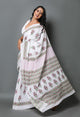 White & Pink Hand Block Butta Print Mul Cotton Saree with Blouse Piece