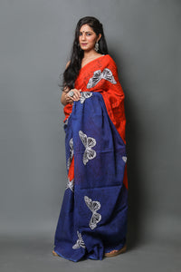 Blue & Orange Titali Block Print Mul Cotton Saree with Blouse Piece