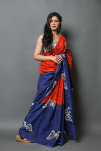 Blue & Orange Titali Block Print Mul Cotton Saree with Blouse Piece