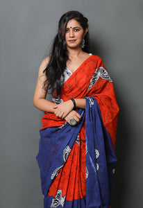 Blue & Orange Titali Block Print Mul Cotton Saree with Blouse Piece