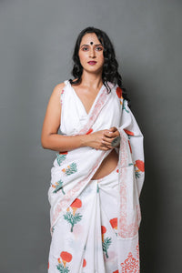 White & Red Merigold Handblock Print Mul Cotton Saree with Blouse Piece