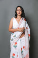 White & Red Merigold Handblock Print Mul Cotton Saree with Blouse Piece