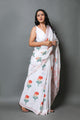 White & Red Merigold Handblock Print Mul Cotton Saree with Blouse Piece