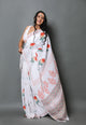 White & Red Merigold Handblock Print Mul Cotton Saree with Blouse Piece
