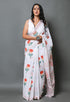 White & Red Merigold Handblock Print Mul Cotton Saree with Blouse Piece