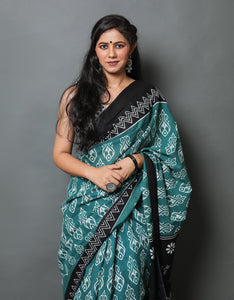 Bottle Green Block Print Mul Cotton Saree with Blouse Piece