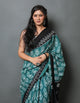 Bottle Green Block Print Mul Cotton Saree with Blouse Piece