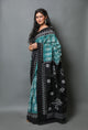 Bottle Green Block Print Mul Cotton Saree with Blouse Piece