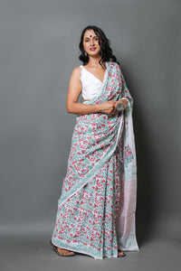 White & Red Jaal Hand Block Print Mul Cotton Saree with Blouse Piece