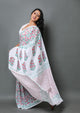White & Red Jaal Hand Block Print Mul Cotton Saree with Blouse Piece