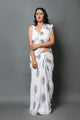 White Hand Block Butta Print Mul Cotton Saree with Blouse Piece
