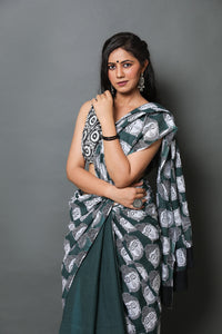 Bottle Green Buddha Print Mul Cotton Saree with Blouse Piece