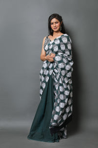 Bottle Green Buddha Print Mul Cotton Saree with Blouse Piece