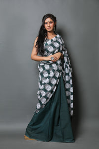 Bottle Green Buddha Print Mul Cotton Saree with Blouse Piece