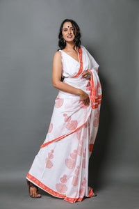 White & Orange Hand Block Butta Mul Cotton Saree with Blouse Piece