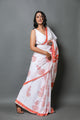 White & Orange Hand Block Butta Mul Cotton Saree with Blouse Piece
