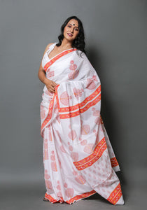 White & Orange Hand Block Butta Mul Cotton Saree with Blouse Piece