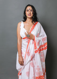 White & Orange Hand Block Butta Mul Cotton Saree with Blouse Piece