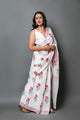 White & Pink Hand Block Butta Print Mul Cotton Saree with Blouse Piece