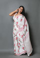 White & Pink Hand Block Butta Print Mul Cotton Saree with Blouse Piece