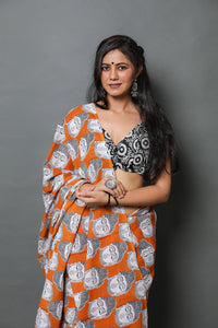Mustard Buddha Block Print Mul Cotton Saree with Blouse Piece