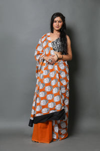 Mustard Buddha Block Print Mul Cotton Saree with Blouse Piece