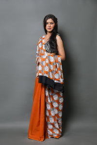 Mustard Buddha Block Print Mul Cotton Saree with Blouse Piece