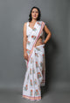 White Daisy Hand Block Butta Print Mul Cotton Saree with Blouse Piece