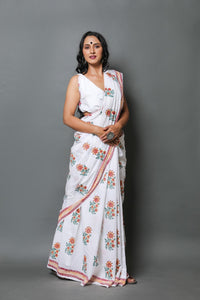 White Daisy Hand Block Butta Print Mul Cotton Saree with Blouse Piece