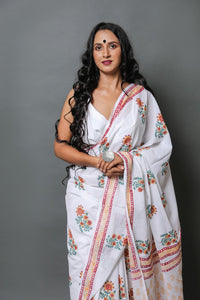 White Daisy Hand Block Butta Print Mul Cotton Saree with Blouse Piece